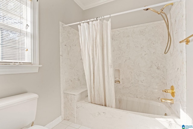 bathroom with crown molding, tile patterned flooring, shower / bath combination with curtain, and toilet