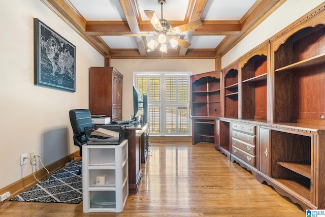 office area with beam ceiling, ceiling fan, coffered ceiling, light hardwood / wood-style flooring, and ornamental molding