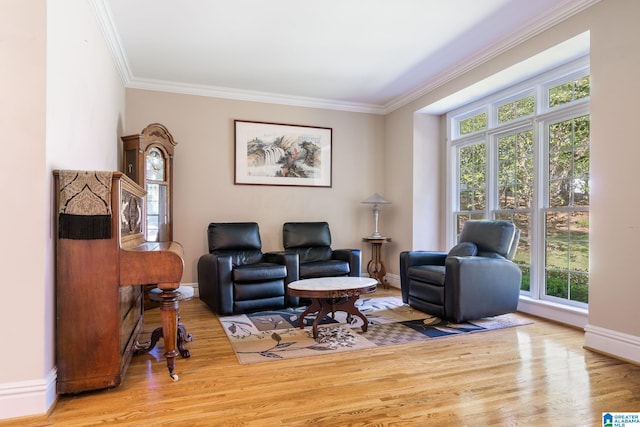 living room with light wood-type flooring and ornamental molding