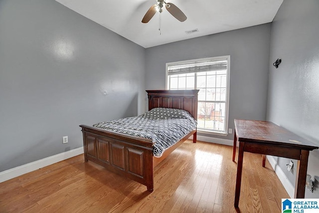 bedroom with light hardwood / wood-style floors and ceiling fan