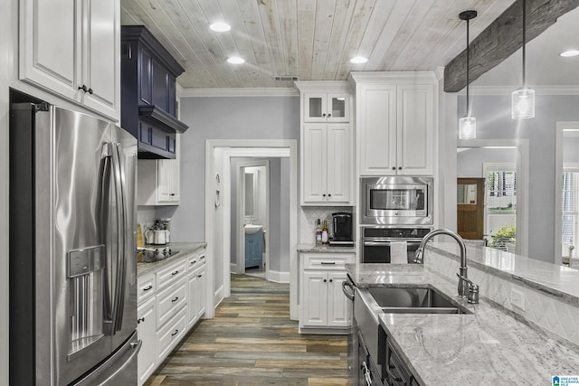 kitchen with pendant lighting, wooden ceiling, dark hardwood / wood-style floors, light stone counters, and stainless steel appliances