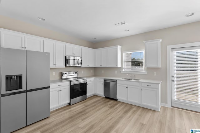 kitchen featuring plenty of natural light, stainless steel appliances, white cabinetry, and light wood-type flooring