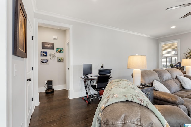 living room with ceiling fan, crown molding, and dark hardwood / wood-style floors