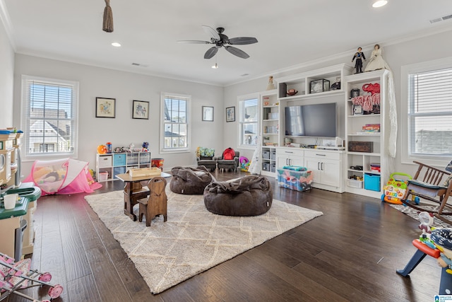 playroom with crown molding, a healthy amount of sunlight, and dark hardwood / wood-style floors