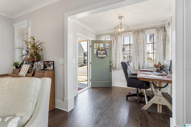 home office featuring a notable chandelier, dark hardwood / wood-style flooring, and crown molding