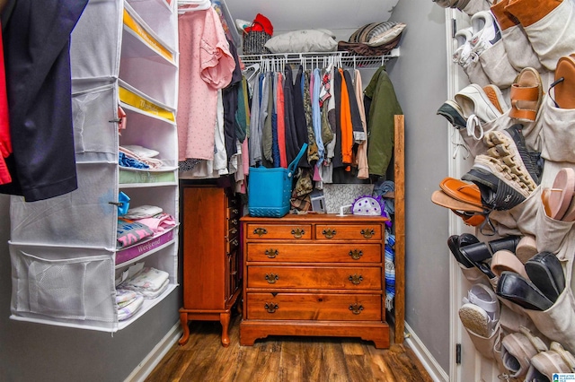 walk in closet with dark hardwood / wood-style flooring