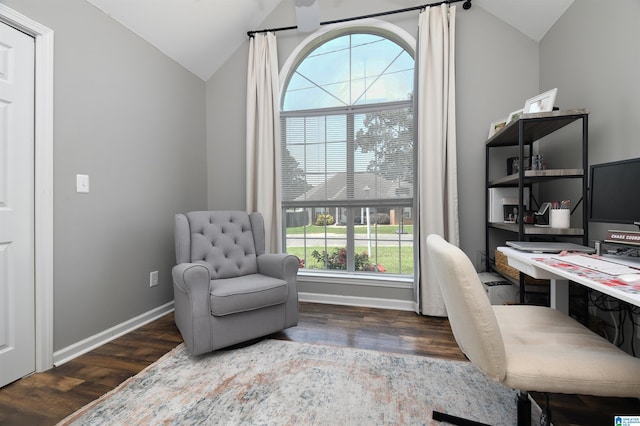 office area featuring dark hardwood / wood-style floors and vaulted ceiling