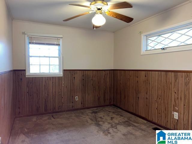 carpeted spare room with ceiling fan