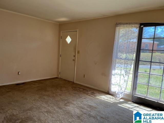 carpeted entryway featuring crown molding