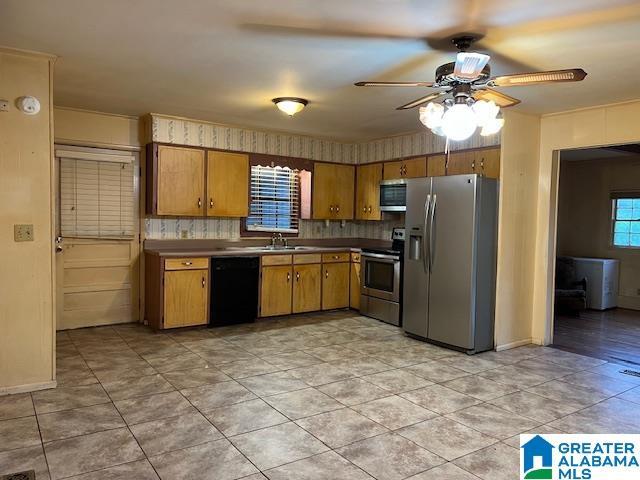 kitchen with ceiling fan, sink, and appliances with stainless steel finishes