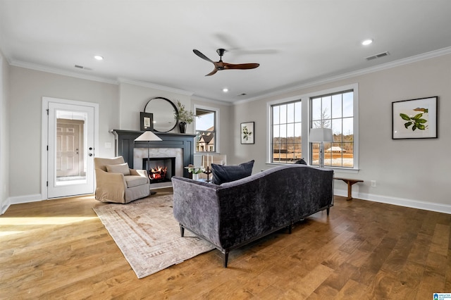 living room with hardwood / wood-style flooring, ceiling fan, ornamental molding, and a premium fireplace