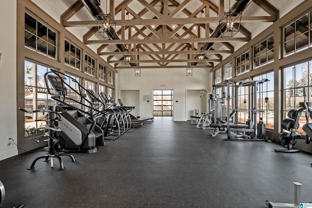 gym with a wealth of natural light and a towering ceiling