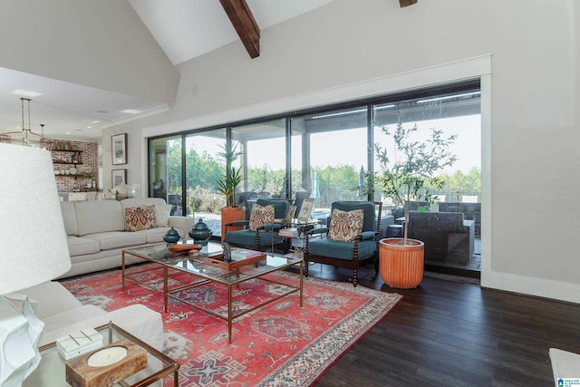 living room featuring high vaulted ceiling, beam ceiling, and dark wood-type flooring