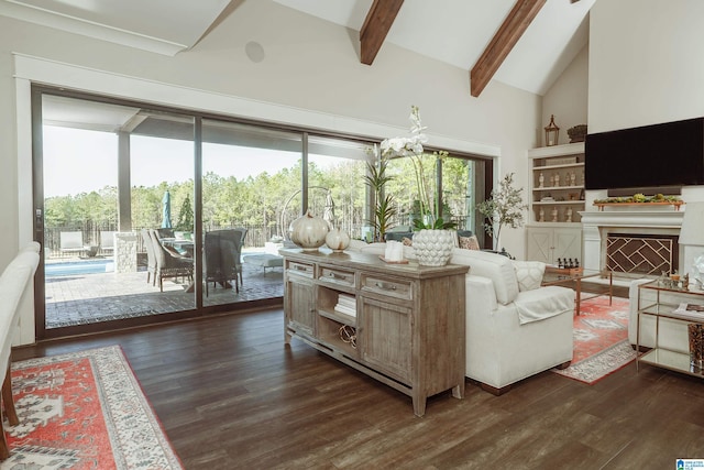 living room with high vaulted ceiling, beam ceiling, and dark hardwood / wood-style floors