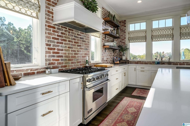 kitchen featuring white cabinetry, custom range hood, brick wall, designer stove, and dark wood-type flooring