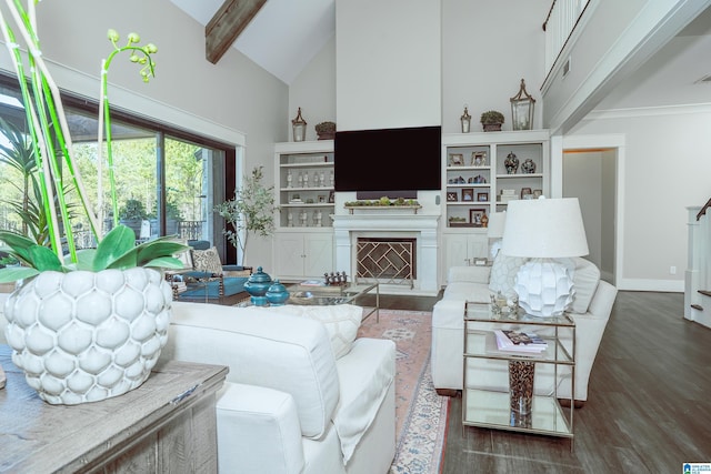 living room featuring high vaulted ceiling, dark hardwood / wood-style flooring, built in shelves, and beam ceiling