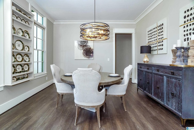 dining space with an inviting chandelier, ornamental molding, and dark hardwood / wood-style flooring