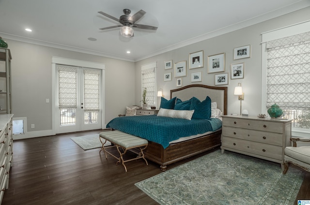 bedroom with dark hardwood / wood-style floors, french doors, crown molding, ceiling fan, and access to exterior