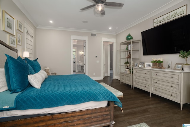 bedroom with ensuite bathroom, ceiling fan, crown molding, and dark hardwood / wood-style flooring