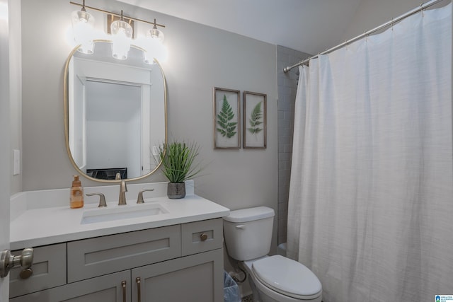 bathroom with toilet, vanity, and walk in shower