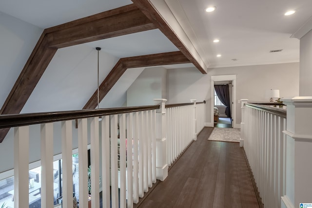 hallway with dark hardwood / wood-style flooring