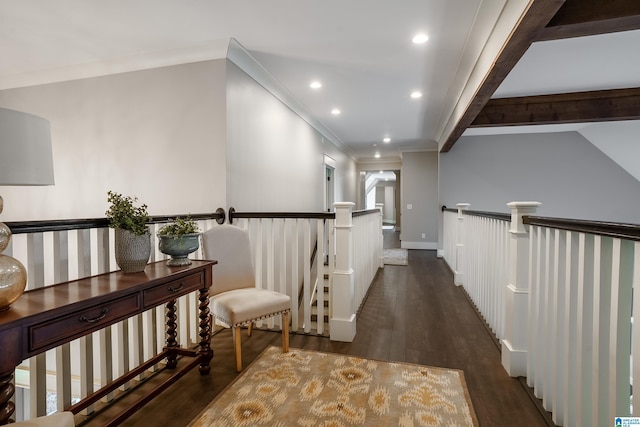 corridor featuring crown molding and dark hardwood / wood-style flooring