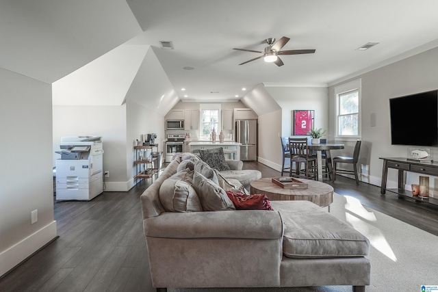 living room featuring vaulted ceiling, ceiling fan, crown molding, and dark hardwood / wood-style floors