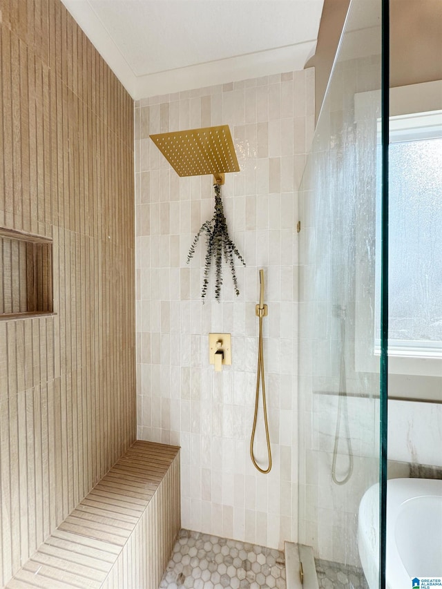 bathroom featuring independent shower and bath and tile patterned flooring