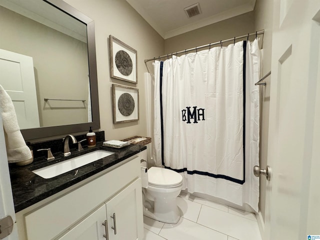 bathroom featuring toilet, tile patterned flooring, walk in shower, ornamental molding, and vanity