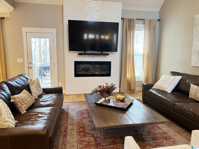 living room featuring a wealth of natural light, a fireplace, and hardwood / wood-style floors