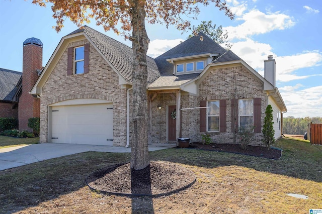 view of front of property with a front yard and a garage