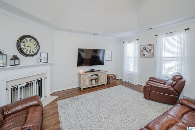 living room featuring a tray ceiling, dark wood-type flooring, and ornamental molding