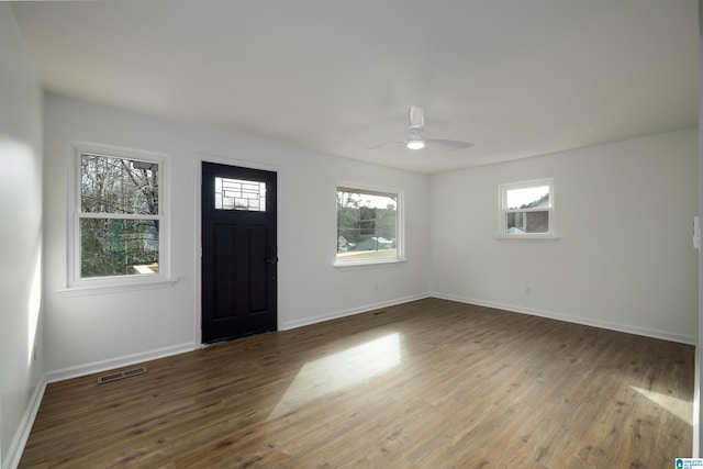 entrance foyer with wood-type flooring and ceiling fan