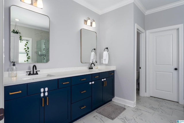 bathroom with vanity, toilet, and crown molding