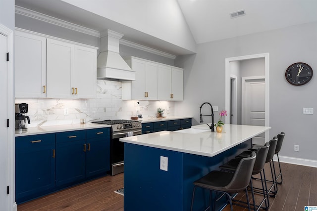 kitchen with stainless steel range with gas cooktop, sink, white cabinets, and a kitchen island with sink