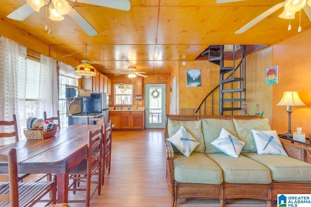 dining room with hardwood / wood-style flooring, a wealth of natural light, wood ceiling, and wooden walls