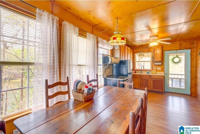 dining area featuring a healthy amount of sunlight, ceiling fan, and wooden ceiling