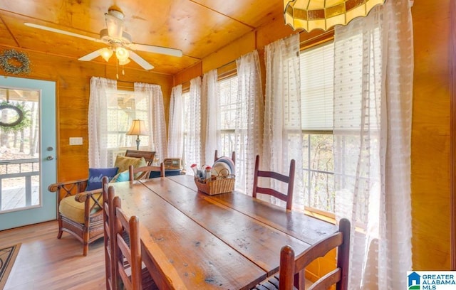 dining space featuring a healthy amount of sunlight, ceiling fan, hardwood / wood-style floors, and wood ceiling