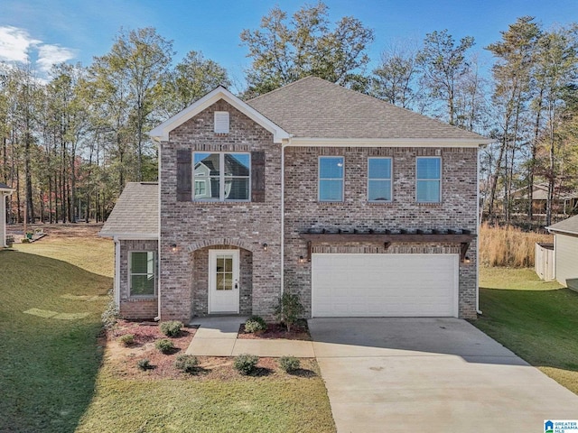 view of front of property featuring a front lawn and a garage