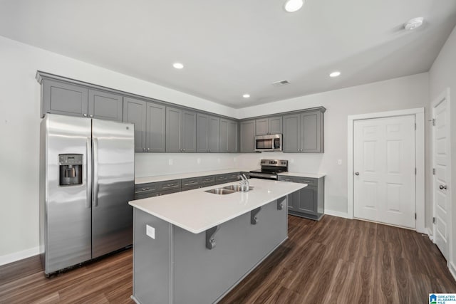 kitchen with dark hardwood / wood-style flooring, gray cabinetry, stainless steel appliances, a kitchen island with sink, and sink