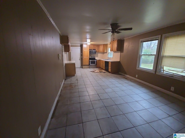 kitchen with stainless steel range with electric cooktop, black dishwasher, ornamental molding, light tile patterned floors, and ceiling fan