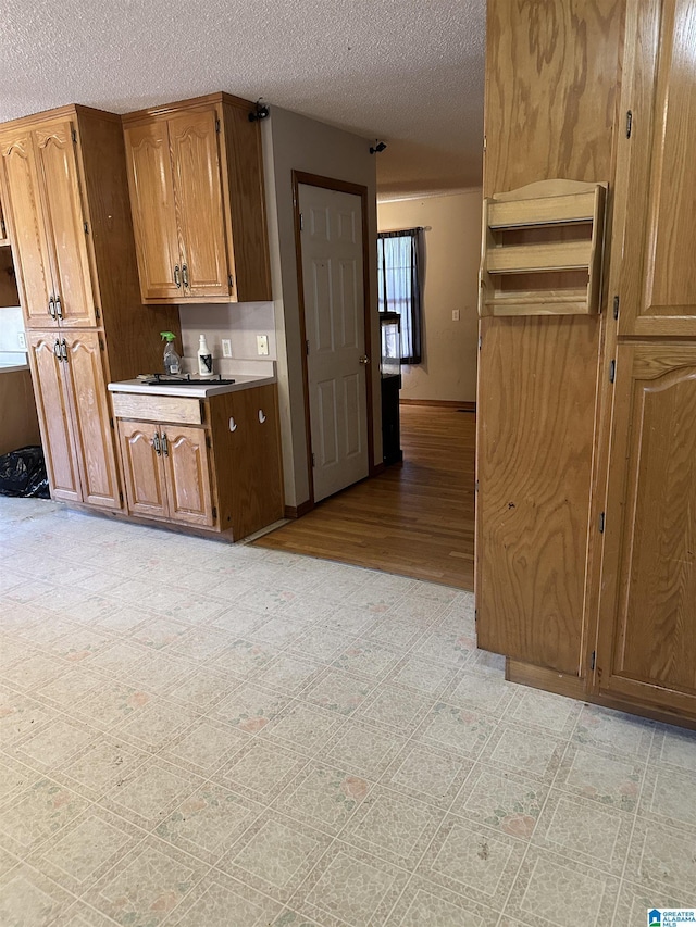 kitchen with light hardwood / wood-style floors and a textured ceiling