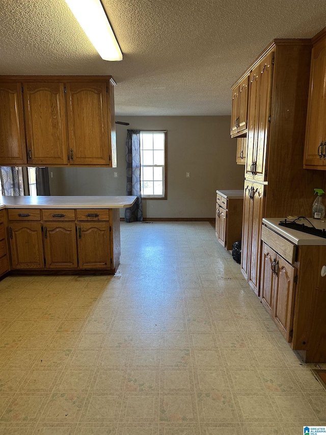 kitchen with a textured ceiling and kitchen peninsula