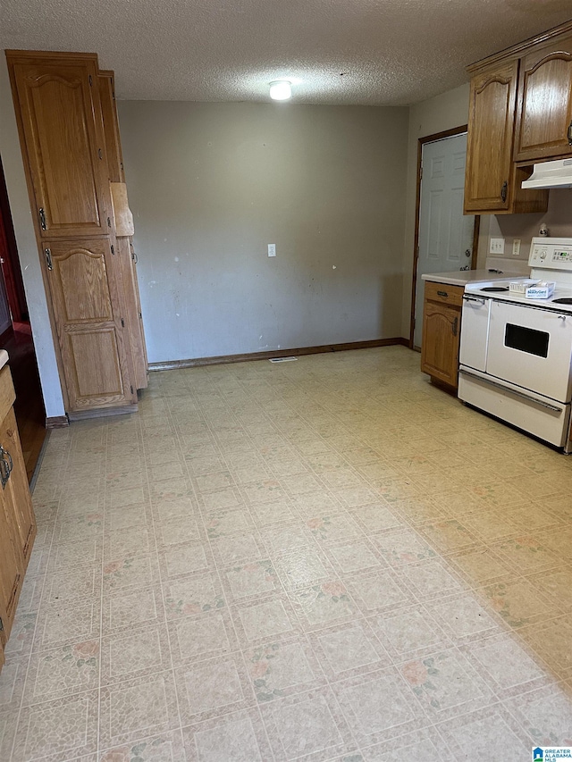 kitchen with electric stove and a textured ceiling