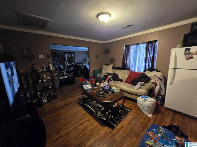 living room with dark hardwood / wood-style floors