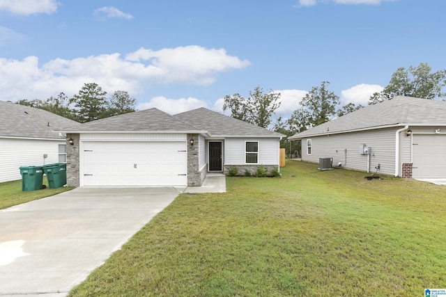 single story home featuring central AC, a front lawn, and a garage