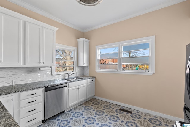 kitchen with white cabinets, dishwasher, dark stone countertops, and sink