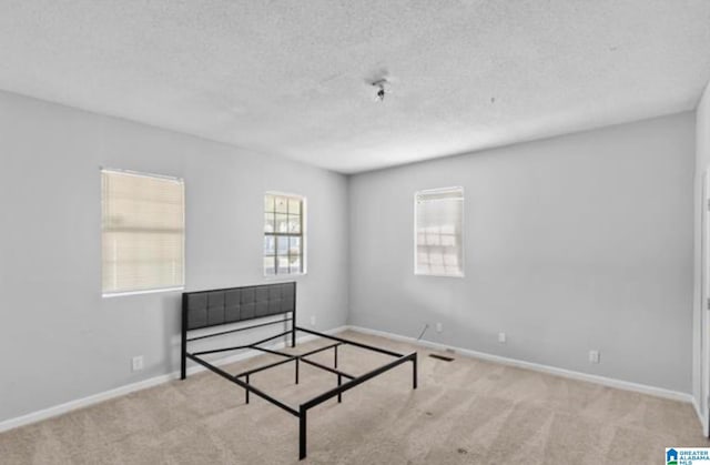 unfurnished bedroom with light colored carpet and a textured ceiling