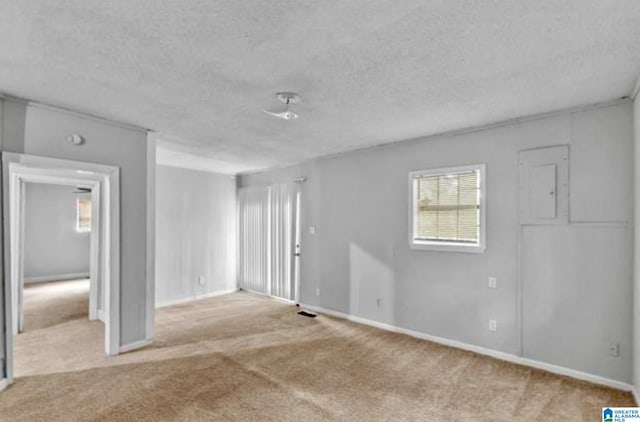 spare room with a textured ceiling and light carpet