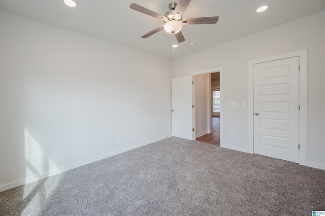 unfurnished bedroom featuring baseboards, recessed lighting, ceiling fan, and carpet flooring